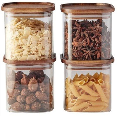 Quadratisches Vorratsglas mit stapelbaren Bambusdeckeln
